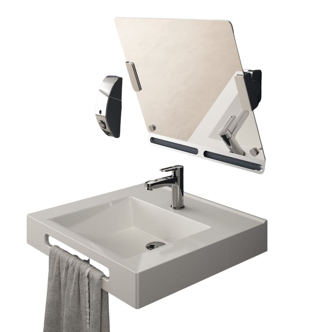 a titled bathroom mirror above a sink against a white background