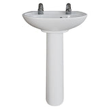 A classic white ceramic pedestal sink with a round basin and a single central chrome faucet, shown against a plain white background.