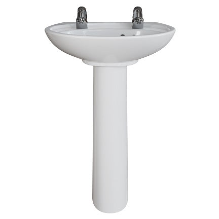 A classic white ceramic pedestal sink with a round basin and a single central chrome faucet, shown against a plain white background.