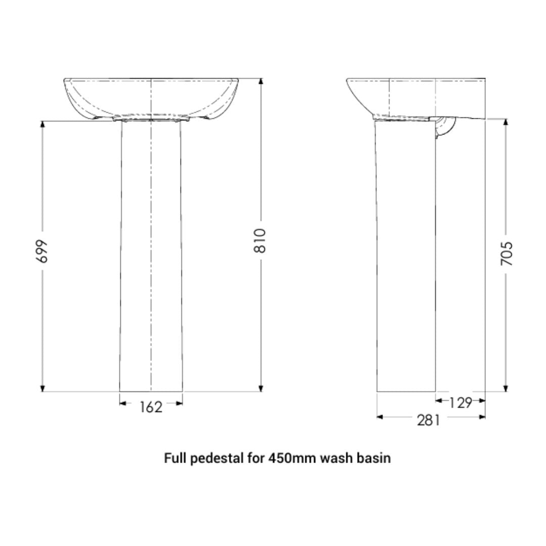 Technical dimension drawing of a pedestal sink base, showing front and side views with measurements for a 450mm wash basin full pedestal.