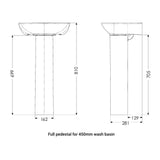 Technical dimension drawing of a pedestal sink base, showing front and side views with measurements for a 450mm wash basin full pedestal.