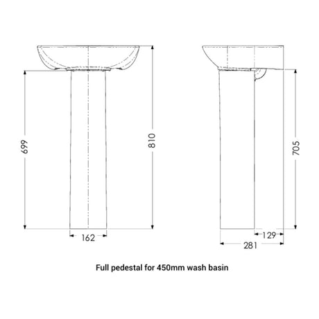 Technical dimension drawing of a pedestal sink base, showing front and side views with measurements for a 450mm wash basin full pedestal.