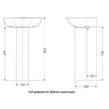 Technical dimension diagram of a pedestal sink base, showing front and side views with measurements for a 500mm wash basin, labeled with dimensions 699, 825, 162, 704, 130, and 282 on a white background.