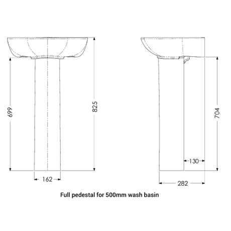 Technical dimension diagram of a pedestal sink base, showing front and side views with measurements for a 500mm wash basin, labeled with dimensions 699, 825, 162, 704, 130, and 282 on a white background.