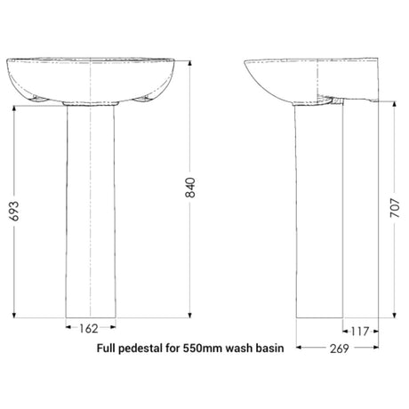Black and white technical dimension diagram showing two views of a pedestal sink with measurements for a 550mm wash basin, including heights, width, and base width.