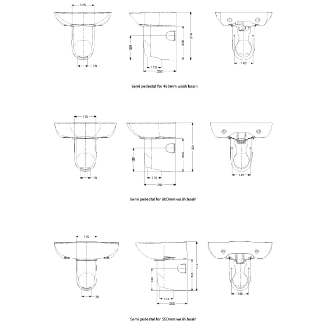 Technical dimension diagram showing multiple washbasin views with measurements and labels on a white background