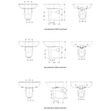 Technical dimension diagram showing multiple washbasin views with measurements and labels on a white background