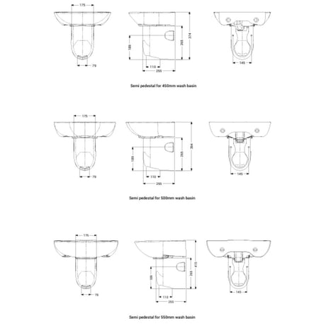 Technical dimension diagram showing multiple washbasin views with measurements and labels on a white background