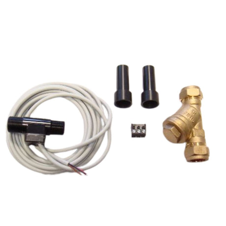 A waterflow sensor kit featuring a white coiled wire with a black sensor probe, two black metal pipe sections, a small terminal connector, and a brass T-fitting on a plain white background.
