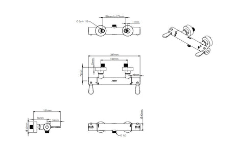 Technical drawing of plumbing components with dimensions on a white background