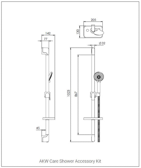 Technical drawing of a shower accessory kit with dimensions labeled