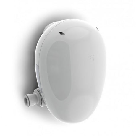 A white oval-shaped shower pump component part with a small connector on the side, shown against a plain white background.