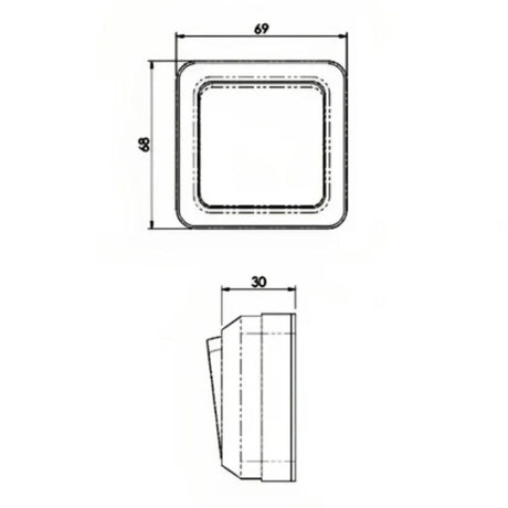 Technical dimension drawing of a square wall switch with rounded corners, showing top and side views with measurements 69, 68, and 30.