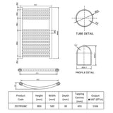 Technical drawing of a heating element with dimensions and product code.