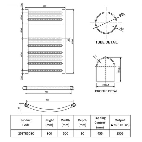 Technical drawing of a heating element with dimensions and product code.