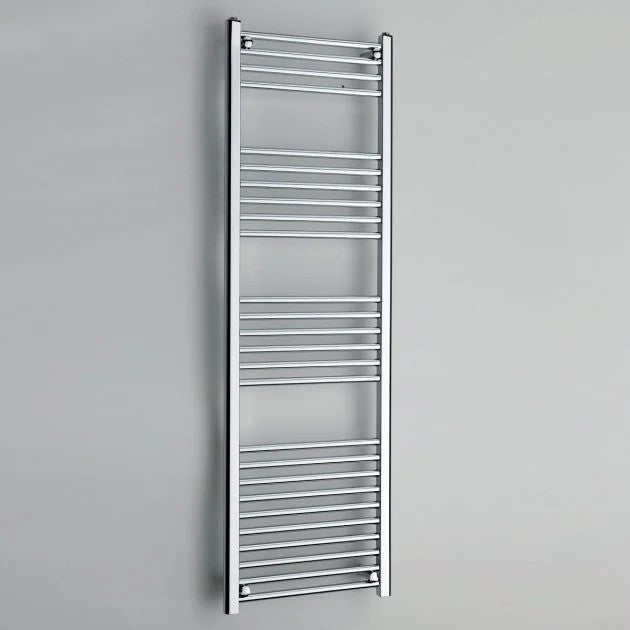 Chrome towel radiator on a gray background