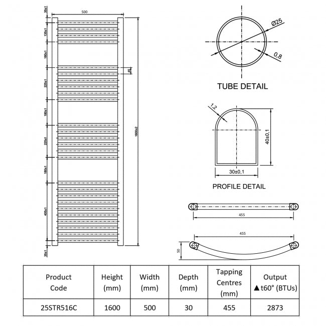 Technical drawing of a radiator with dimensions and product details.