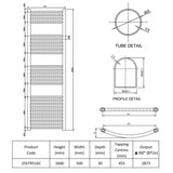 Technical drawing of a radiator with dimensions and product details.