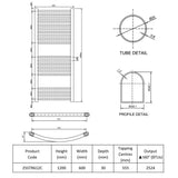 Technical drawing of a radiator with dimensions and product details.