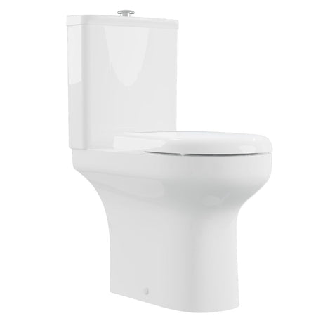 A modern white ceramic toilet with a closed lid and a chrome flush button on the tank, shown against a plain white background.