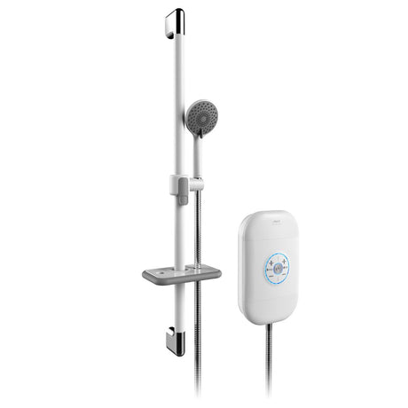 A modern white and chrome shower system featuring a handheld shower head, adjustable sliding bar, flexible hose, and a separate white electronic control box with a blue-detailed dial, shown on a solid white background.