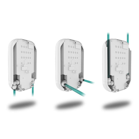 Three views of a white wall-mounted shower unit, shown floating on a light gray background with teal wires illustrated at the bottom.