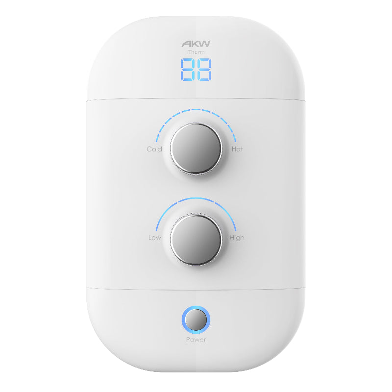 White shower with digital display and control buttons on a white background