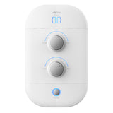 White shower with digital display and control buttons on a white background