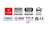 A collage of certification and approval logos on a plain white background, including 5 Year Warranty, BEAB Approved, BEAB Care, EMC Europe, WRAS Approved Product, dsdc Design Accredited Product, RNIB Tried and Tested, UKCA CE, and Intertek Intertek.