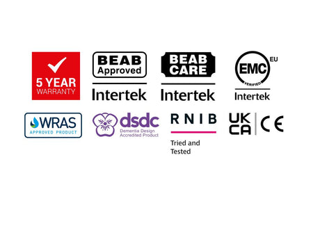 A collage of certification and approval logos on a plain white background, including 5 Year Warranty, BEAB Approved, BEAB Care, EMC Europe, WRAS Approved Product, dsdc Design Accredited Product, RNIB Tried and Tested, UKCA CE, and Intertek Intertek.