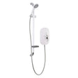 A white and silver shower fixture set with a handheld shower head, flexible hose, wall-mounted bracket, and a white control panel on a plain white background.