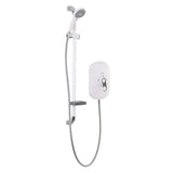 A white and silver shower fixture set with a handheld shower head, flexible hose, wall-mounted bracket, and a white control panel on a plain white background.