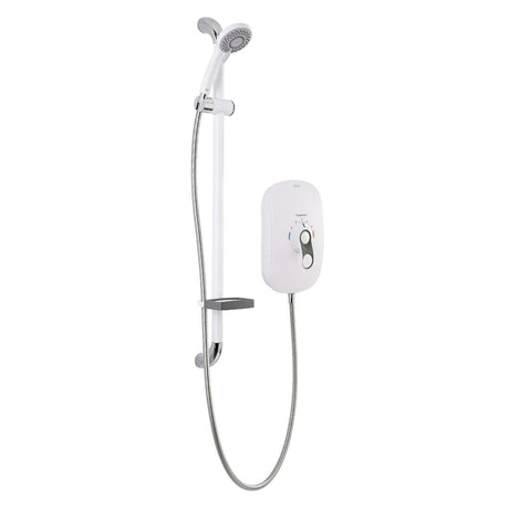 A white and silver shower fixture set with a handheld shower head, flexible hose, wall-mounted bracket, and a white control panel on a plain white background.