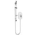 A wall-mounted shower system with a chrome slide bar, handheld shower head, flexible hose, and a white rectangular control box with a blue and red temperature dial, shown on a plain white background.