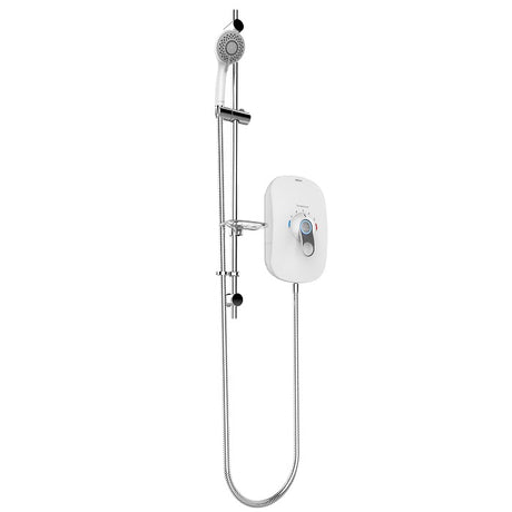 A wall-mounted shower system with a chrome slide bar, handheld shower head, flexible hose, and a white rectangular control box with a blue and red temperature dial, shown on a plain white background.