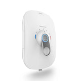 A white electronic wall-mounted controller with a central temperature dial, blue and red temperature indicators, and a power switch, shown on a clean white background.
