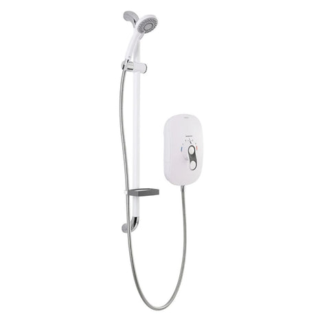 A wall-mounted shower system with a white handheld showerhead, chrome hose, adjustable wall bracket, and a white control box on a plain white background.