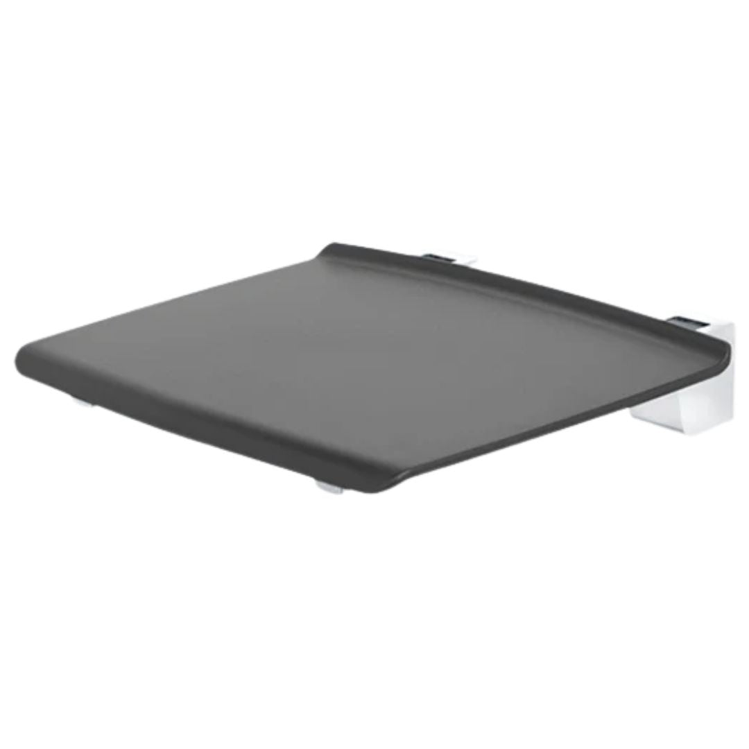 A black flat shower seat with rounded corners, shown from an elevated perspective with a white mounting bracket visible on the right side, set against a plain white background.