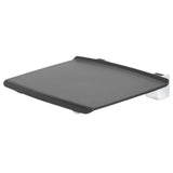 A black flat shower seat with rounded corners, shown from an elevated perspective with a white mounting bracket visible on the right side, set against a plain white background.