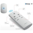 A white remote control with callout labels pointing to features like power button, temp and flow adjustment, non-slip matt finish, wall mount, suction cups, and fully waterproof design. A small inset shows the matching device from above, and Bluetooth Smart icons appear in the top right.