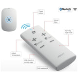 A white remote control with callout labels pointing to features like power button, temp and flow adjustment, non-slip matt finish, wall mount, suction cups, and fully waterproof design. A small inset shows the matching device from above, and Bluetooth Smart icons appear in the top right.