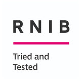 RNIB logo with the text 'RNIB' in dark gray, a bright pink horizontal line, and the words 'Tried and Tested' below on a white background.