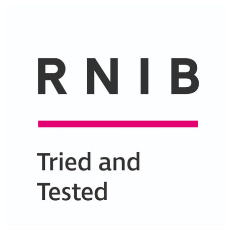 RNIB logo with the text 'RNIB' in dark gray, a bright pink horizontal line, and the words 'Tried and Tested' below on a white background.