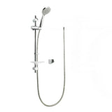 Chrome shower head and hose set on a white background