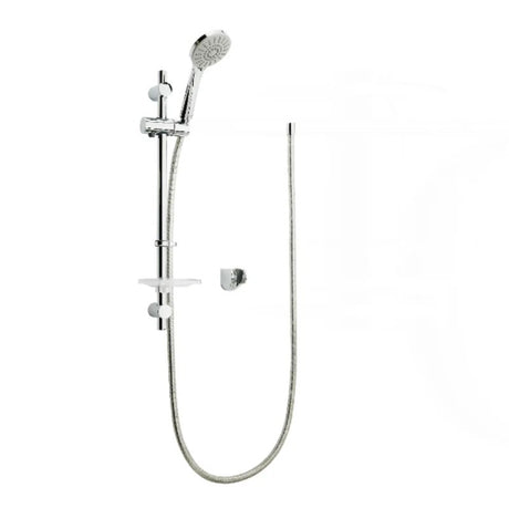 Chrome shower head and hose set on a white background
