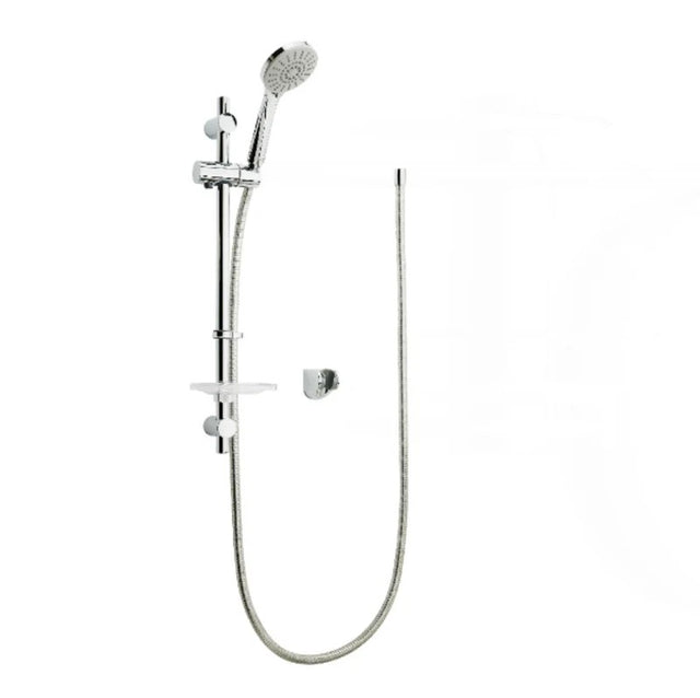 Chrome shower head and hose set on a white background
