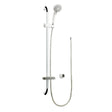 White and chrome wall-mounted shower system with a handheld showerhead, flexible hose, and wall bracket on a plain white background.