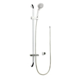 White and chrome wall-mounted shower system with a handheld showerhead, flexible hose, and wall bracket on a plain white background.
