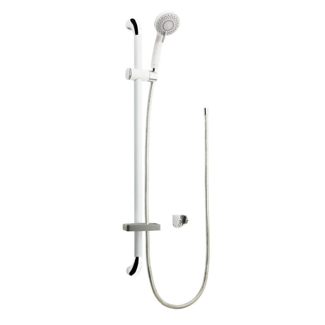 White and chrome wall-mounted shower system with a handheld showerhead, flexible hose, and wall bracket on a plain white background.