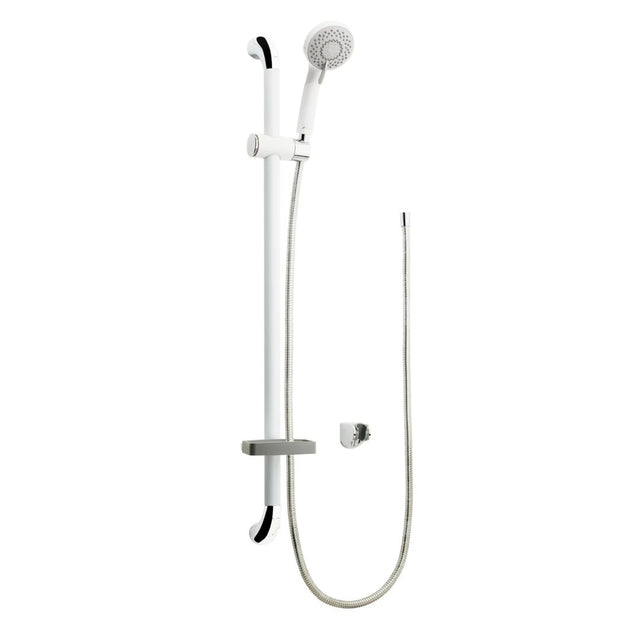 White and chrome wall-mounted shower system with a handheld showerhead, flexible hose, and wall bracket on a plain white background.